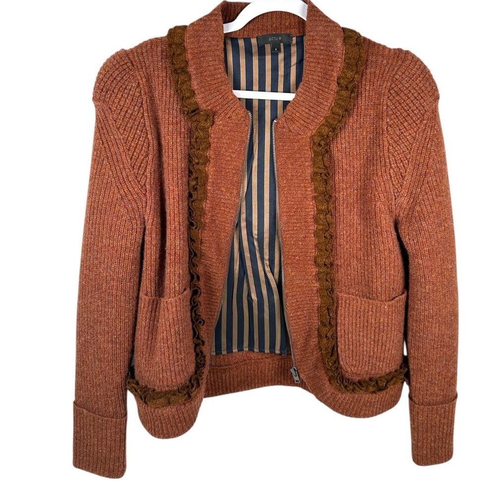 J.Crew women’s sz 8 100% lambswool rust orange woven knit zip up sample jacket